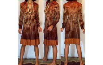 Vtg 70's BLACK BRUNT BROWN LONG SLV SHIRT DRESS VT Image