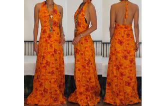 VINTAGE 70'S DEEP V NECK HALTER MAXI DAY SUN DRESS Image