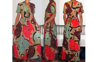 ETHNIC VINTAGE COLORS BLOCK HIPPIE MAXI DAY DRESS Image