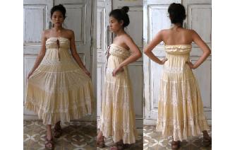 VTG 70'S BEIGE GAUZE LACE STRAPLESS MAXI DRESS Image