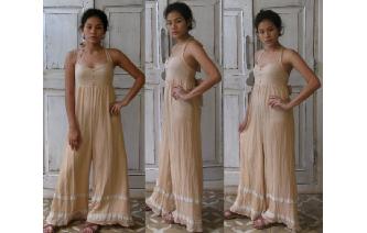 VTG SEXY BEIGE GAUZE BELL BOTTOM HALTER JUMP SUIT Image