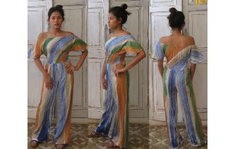 VINTAGE OFF SHOULDER STRIPPY HIPPIE BOHO JUMPSUIT Image