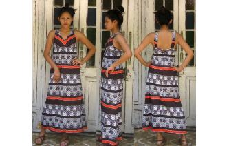 ETHNIC VTG GEOMETRIC PRINTED MAXI HIPPY BOHO DRESS Image