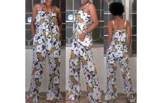 VTG COOL FLORAL PRINT WIDE LEG LINEN JUMPSUIT Image