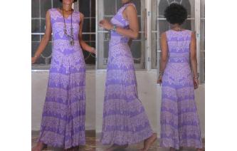 ETHNIC VINTAGE LILAC BEIGE BOHO HIPPIE MAXI DRESS Image