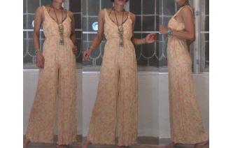 VINTAGE FLORALS DEEP V NECK EMPIRE HIPPIE JUMPSUIT Image
