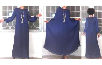 VTG NAVY CHIFFON LACE PLEAT BALLOON SL MAXI DRESS Image