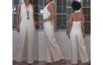 VINTAGE CREAM BEIGE SELF BUST HALTER BOHO JUMPSUIT Image