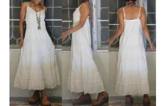 VINTAGE ETHNIC CREAM LACE CROCHET BOHO MAXI DRESS Image