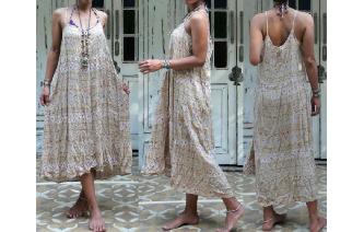 VINTAGE RAYON NATURAL TONES BOHO HIPPIE MIDI DRESS Image