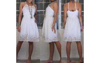 ETHNIC WHITE GAUZE VINTAGE EMBROIDER CUTWORK DRESS Image