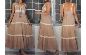VINTAG TAN CREAM CROCHET HIPPIE BOHO MAXI DRESS Image