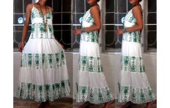 vintage cream cotton embroider bohemian maxi dress Image