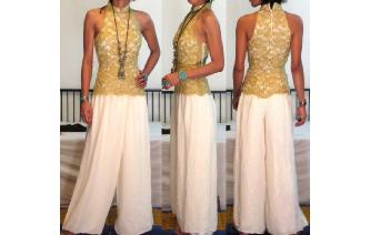 VINTAGE CREAM GOLD LACE DISCO JUMPSUIT PLAYSUIT Image