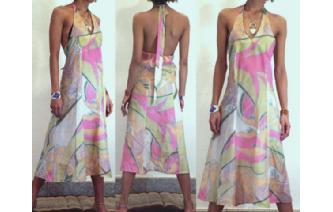 Vtg PSYCHEDELIC SILK BATIK HALTER PARTY DRESS D2 Image