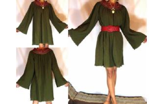 Vtg OLIVE GREEN SILK BELL SV HIPPIE MINI DRESS D25 Image