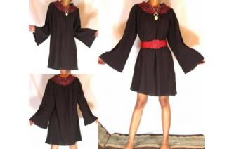 Vtg BROWN COTTON SILK BELL HIPPIE MINI DRESS D26 Image