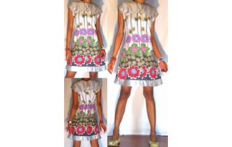 Vtg 60's SILVER WHITE SILK TRAPEZE CREP DRESS D27 Image