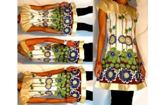 Vtg 60's GOLD WHITE SILK TRAPEZE CREP DRESS D28 Image
