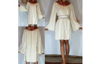 BOHO Vtg CREAM SILK BELL HIPPIE MINI DRESS 20 D29 Image