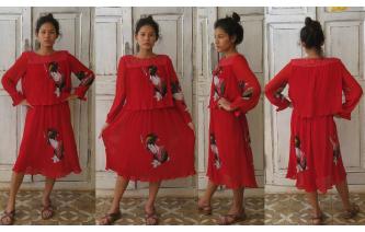 VTG JAPANESE TRADITION PRINTED PLEATED DRESS Image