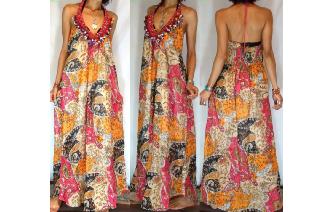 Vtg ETHNIC PAISLEY METALLIC GAUZE HALTER DRESS L19 Image