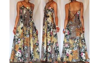 Vtg LONG LEOPARD FLOWERS PRINT/CROCHET MAXI DRESS Image