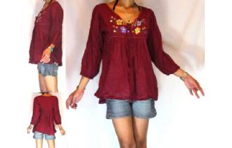 BOHO Vtg 60's MEXICAN EMBROID SHIRT BLOUSE TOP T16 Image