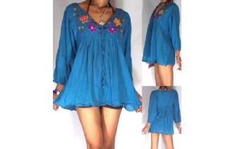 BOHO Vtg MEXICAN EMBROID SHIRT BLOUSE TOP XS-L T19 Image